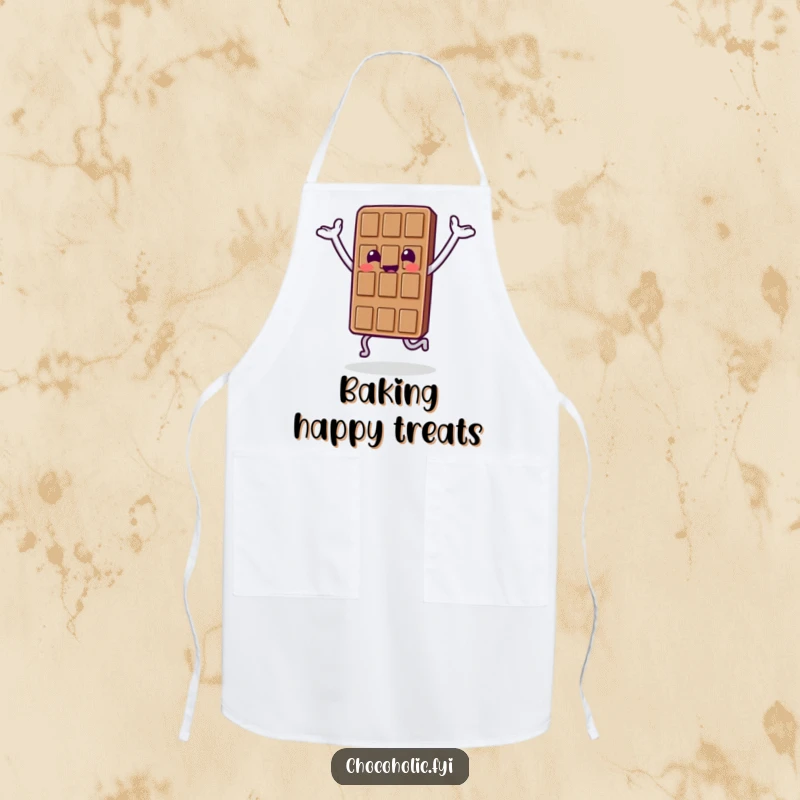 Funny apron showcasing a chocolate bar character doing a happy hop with its arms raised, ready to bake with joy.