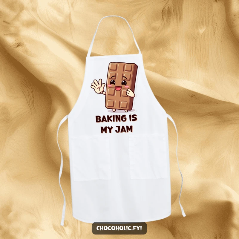 Funny apron adorned with a happy chocolate bar character waving energetically, ideal for a cheerful cook or baker.