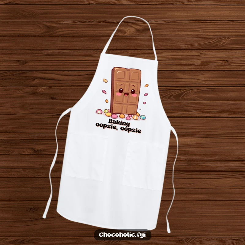 Funny Apron: A kawaii chocolate bar character trips and scatters candy while cooking. Ideal for chefs who love cute and funny kitchen wear.