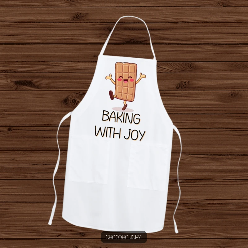 Funny chocolate bar character doing a cartwheel on an apron, symbolizing sweet cooking experiences.