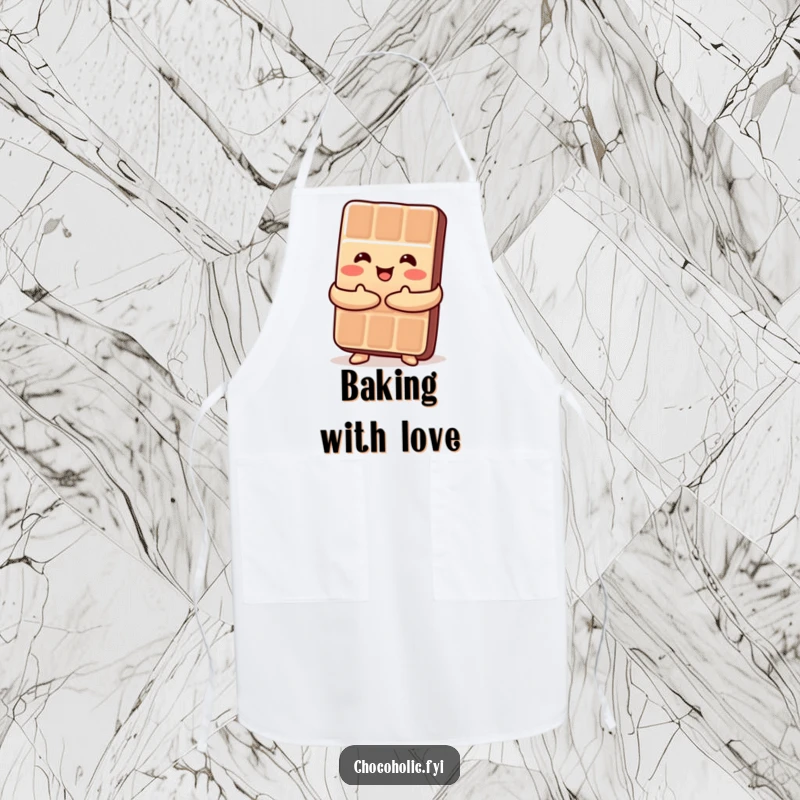 Funny Kawaii chocolate bar embracing itself in a happy hug, a humorous and practical kitchen apron.