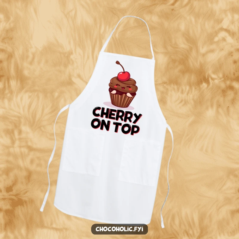Funny Apron of a chocolate cupcake with a cherry striking a playful pose, perfect for baking fun. Durable and amusing wear.