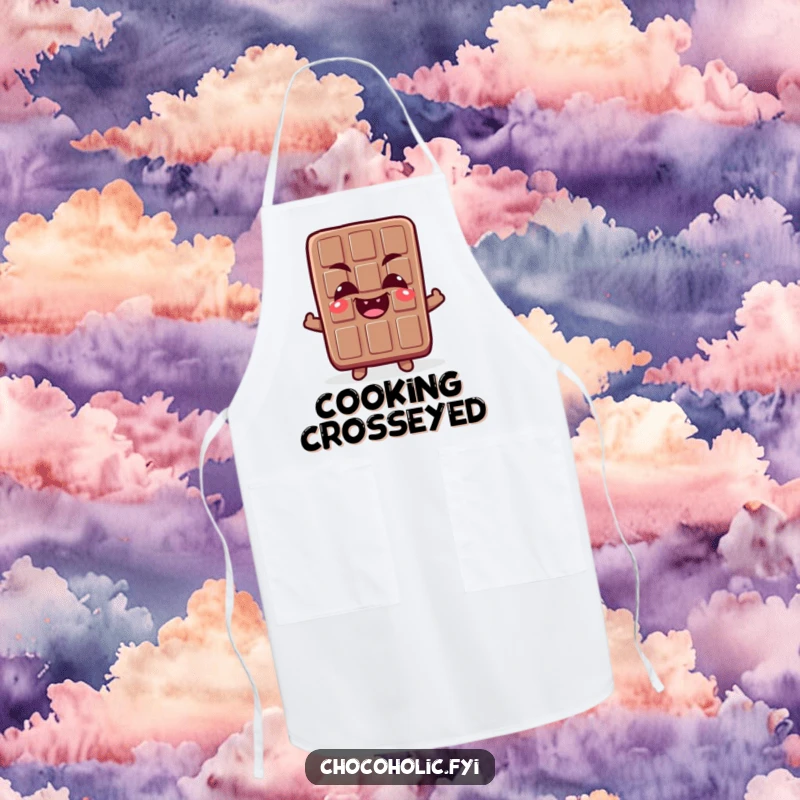 Funny apron with a chocolate bar character making a funny, crossed-eyed expression with a delighted giggle, perfect for kitchen humor.