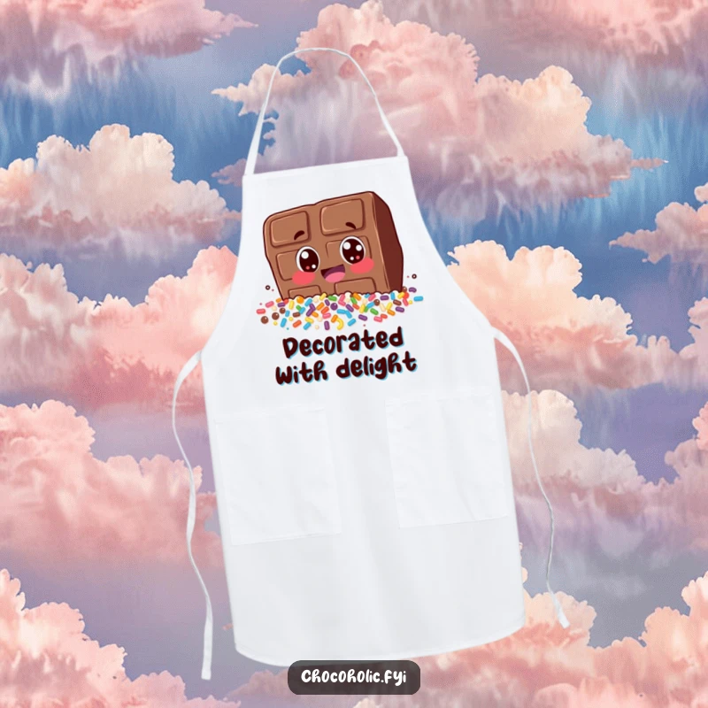 Funny apron featuring a chocolate bar character gleefully diving into a mountain of colorful sprinkles while cooking. Kitchen humor.
