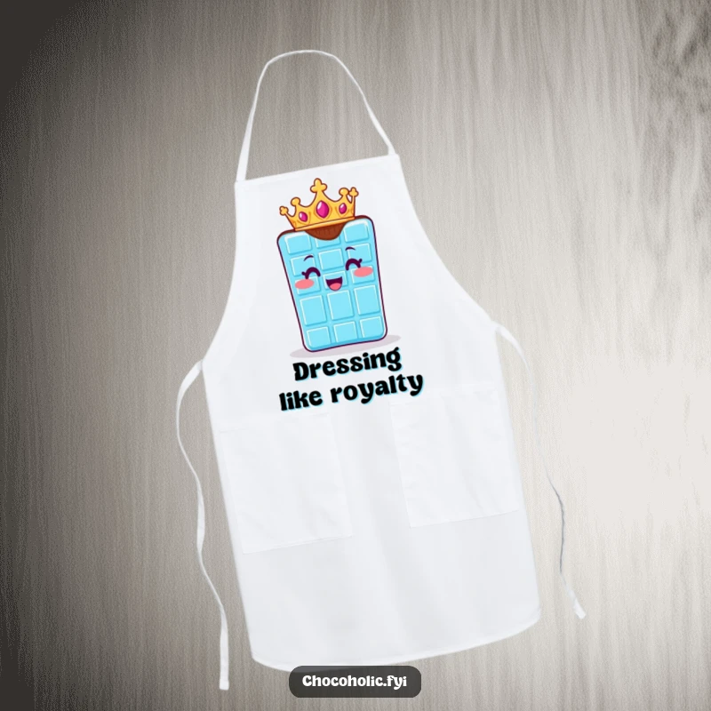 Funny apron with a chocolate bar character wearing a crown, looking regal and delighted while cooking. Kitchen royalty.