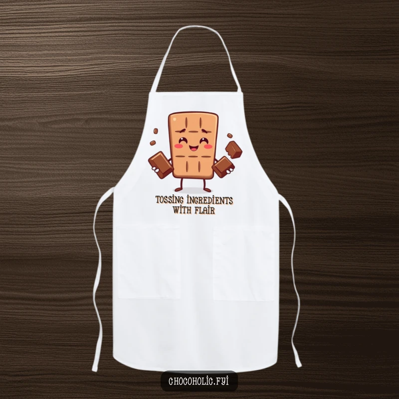 Funny apron with a chocolate bar character expertly juggling three chocolates, bringing skill and humor to the culinary arts.