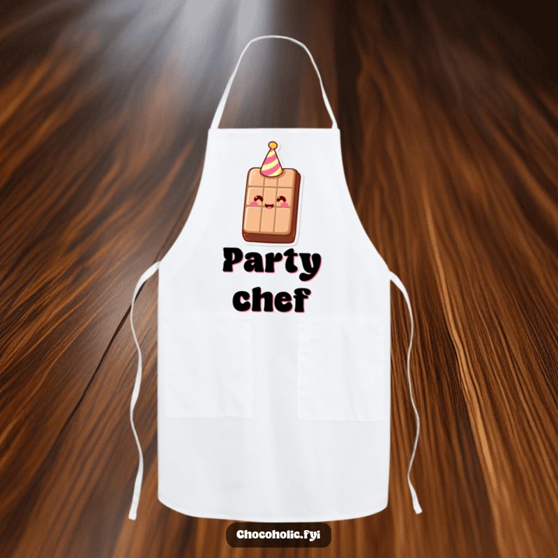 Funny Apron of a smiling chocolate bar wearing a tiny party hat, perfect for festive cooking. Durable and amusing wear.