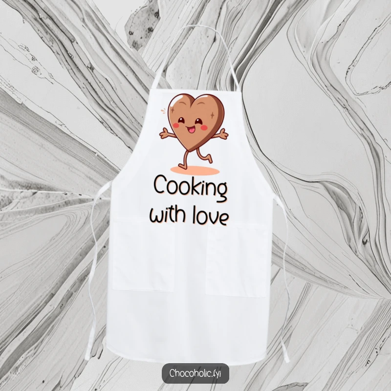 Funny apron showcasing a giddy chocolate heart character doing a playful spin, perfect for joyful cooking adventures.