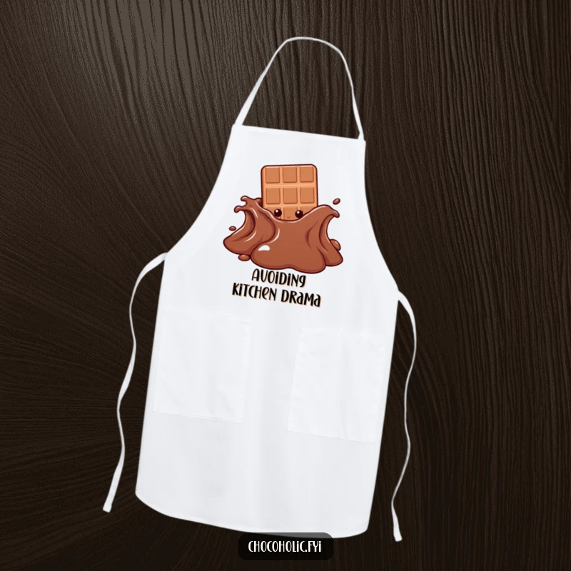 Funny apron with a chocolate bar character peeking from behind a melting chocolate puddle, bringing playful mischief to the kitchen.
