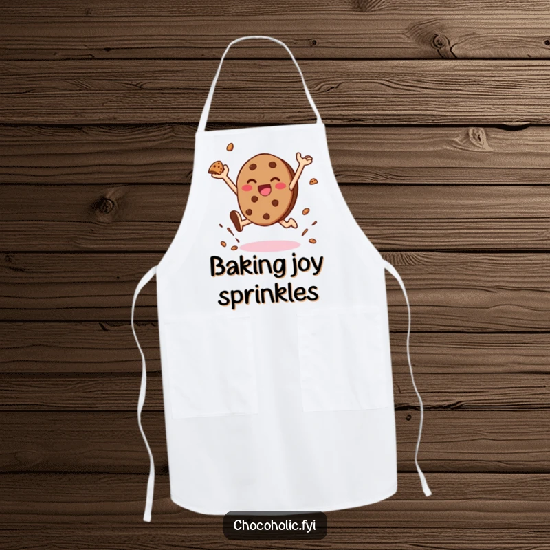 Funny apron featuring a kawaii chocolate cookie character leaping with joy and tossing cookie crumbs, perfect for baking fun.