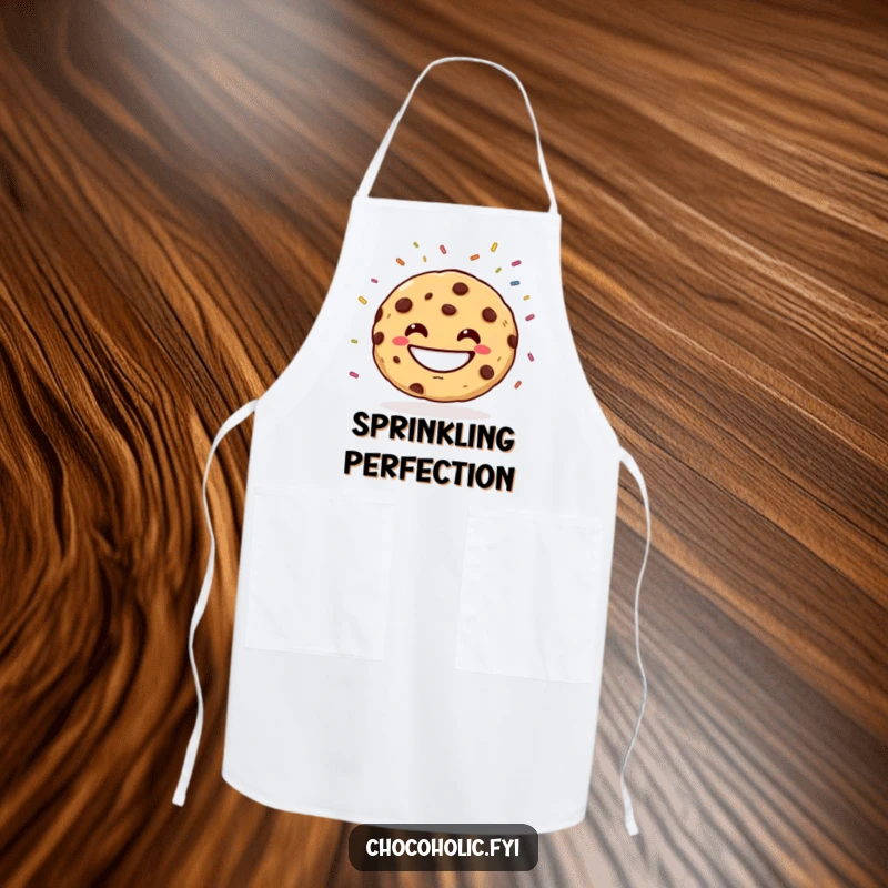 Funny Apron of a grinning chocolate chip cookie juggling bright sprinkles, perfect for baking fun. Durable and amusing cooking wear.