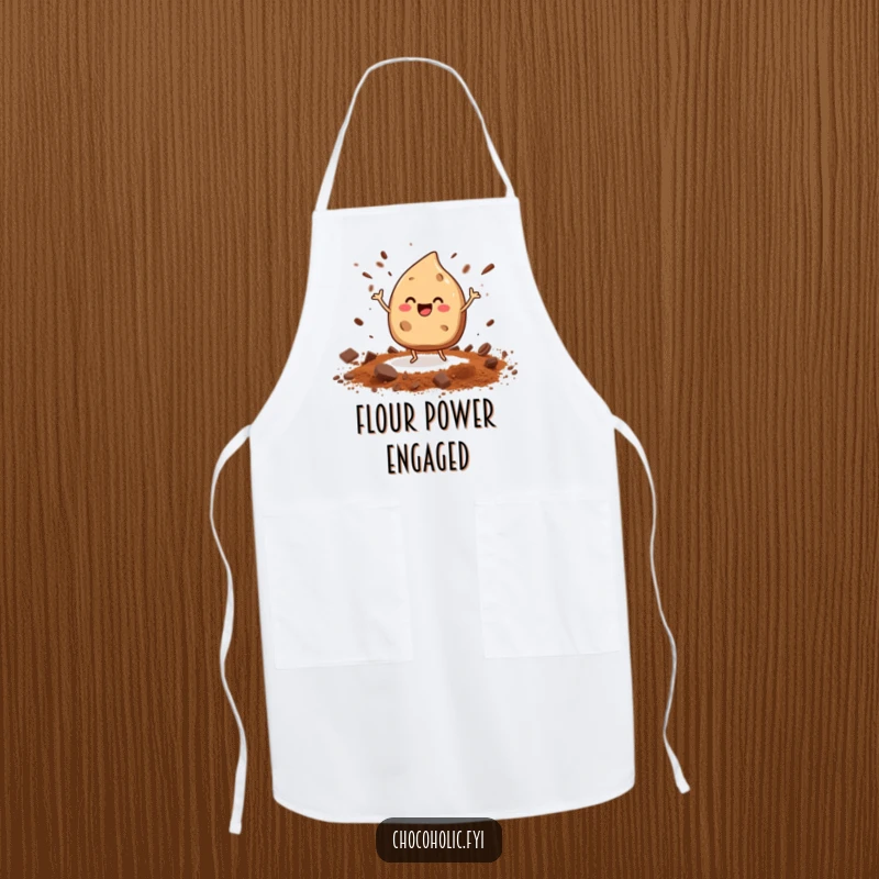 Funny dancing chocolate chip apron with tiny legs and cocoa powder, perfect for protecting clothes while baking.