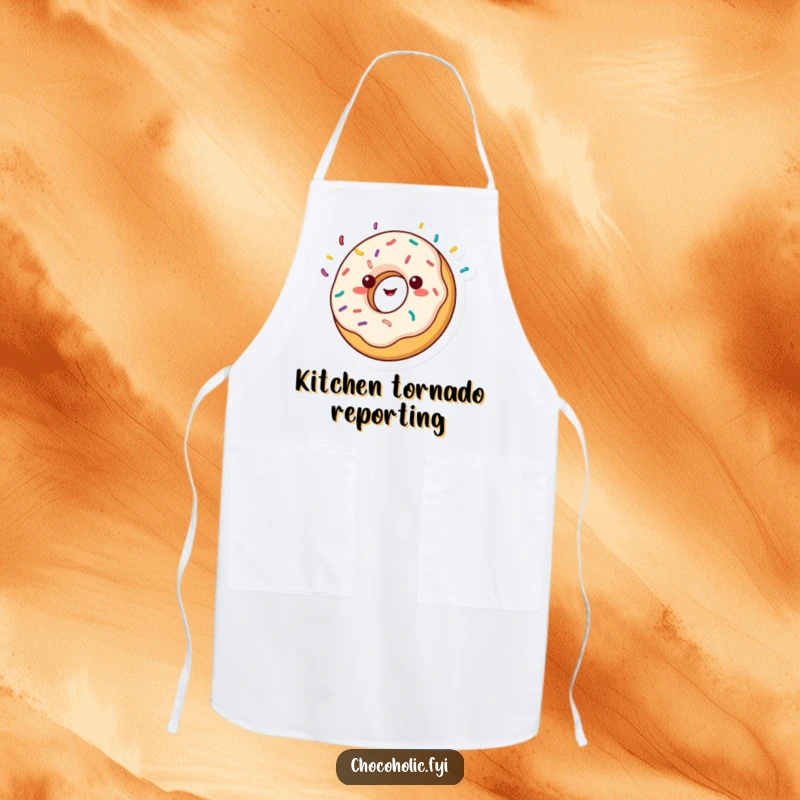 Funny kawaii donut character, spinning with sprinkles flying, on a practical and humorous kitchen apron, ready for baking.