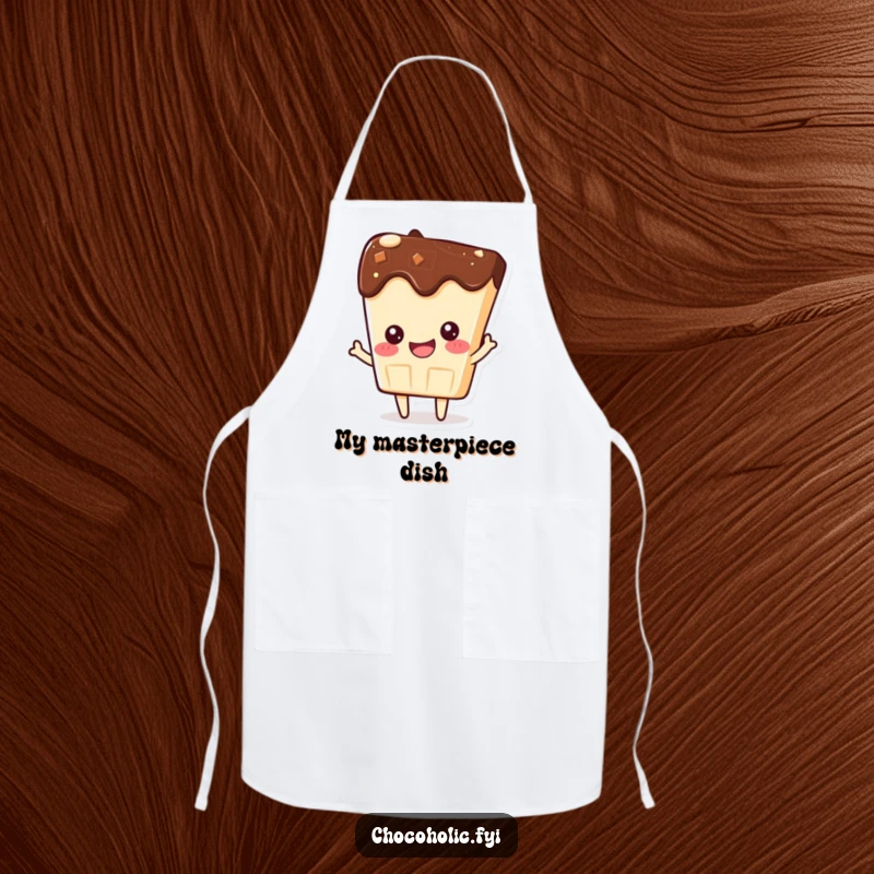 Funny apron with a kawaii chocolate bar character beaming with pride, ready for proud kitchen moments.