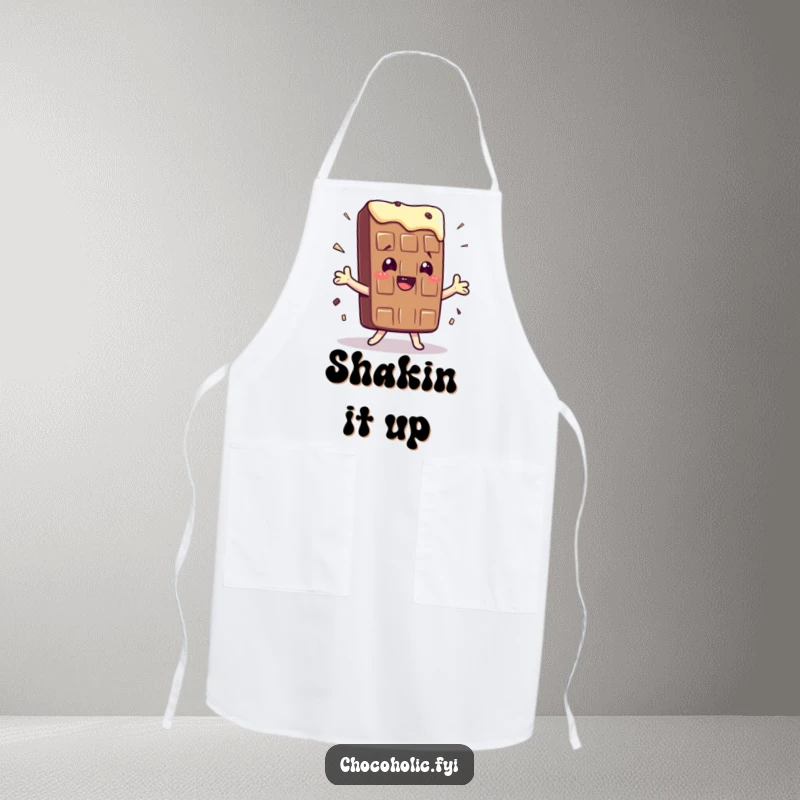 Funny apron with a kawaii chocolate bar character doing a silly, exaggerated shimmy, perfect for a fun cooking experience.