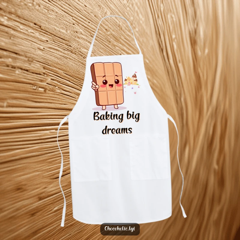 Funny Apron: Kawaii chocolate bar character points towards candy land, perfect for adventurous cooking and sweet treats.