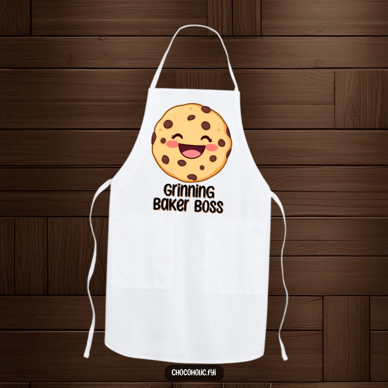 Funny kawaii chocolate chip cookie character with a wide, delighted grin on a kitchen apron, making baking more fun.