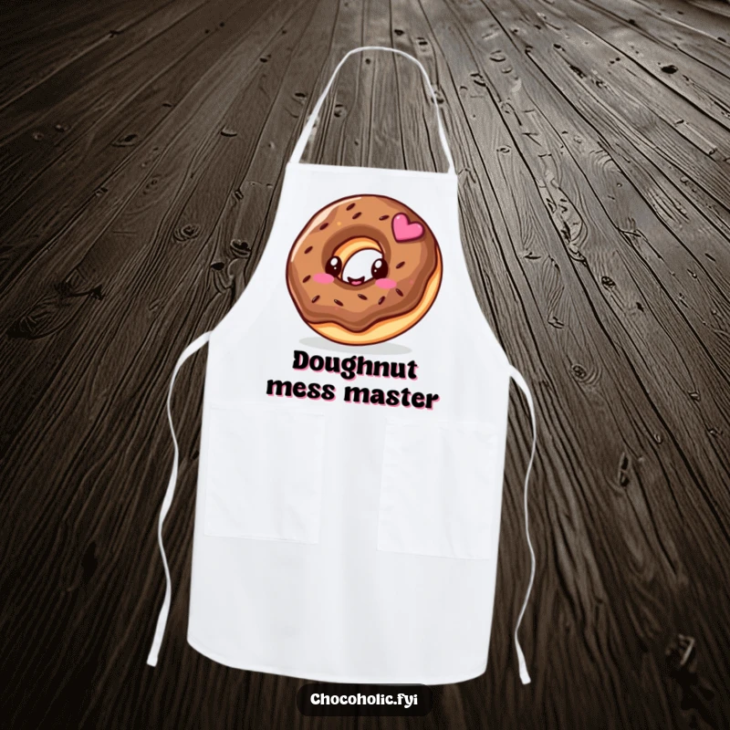 Funny apron with a kawaii chocolate donut character and a happy swirl, ready for sweet culinary creations.