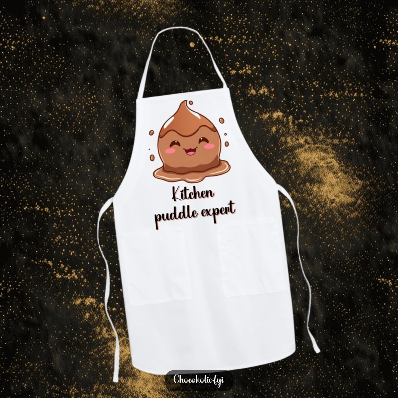 Funny apron with a goofy-grinning, melting chocolate puddle character, ready for kitchen adventures with a smile.