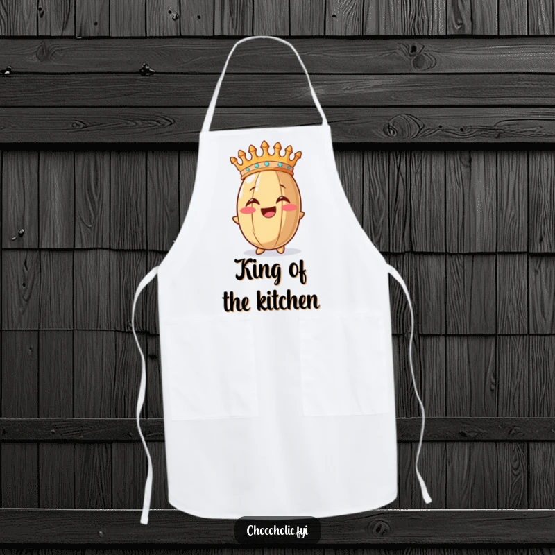 Funny apron with a happy cocoa bean wearing a crown, ready for kitchen duty with a royal smile.