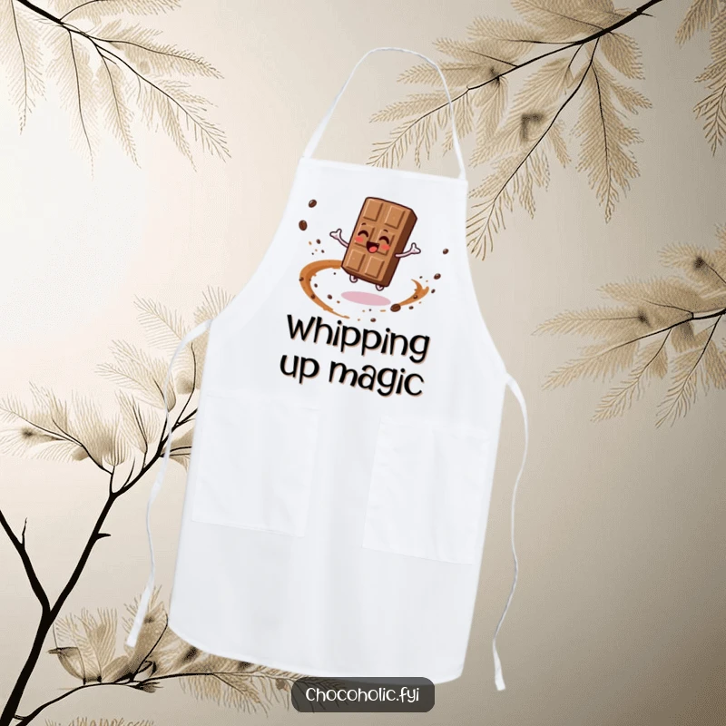 Funny apron with a chocolate bar character spinning joyfully, leaving a trail of cocoa dust. Kitchen fun.
