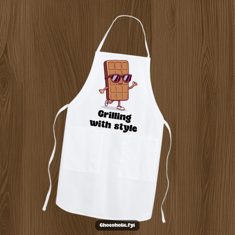 Funny apron showcasing a cool chocolate bar character in sunglasses doing a confident strut, ready for kitchen coolness.