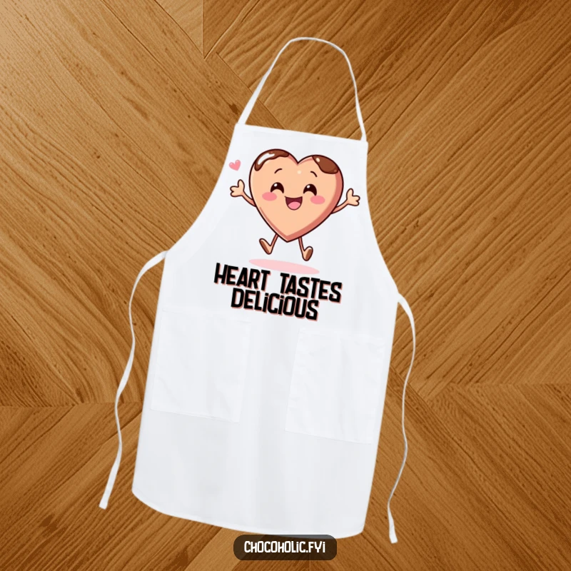 Funny apron with a chocolate heart character bouncing with glee, perfect for cheerful kitchen activities.