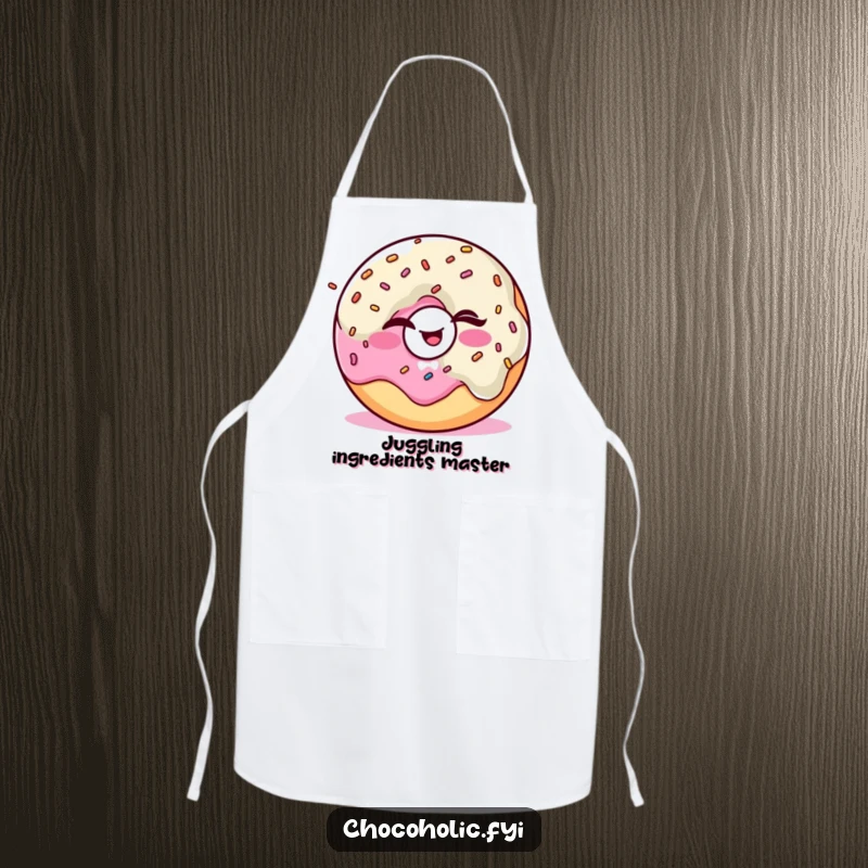 Funny Kawaii donut character winking and juggling sprinkles, featured on a cute and functional kitchen apron.