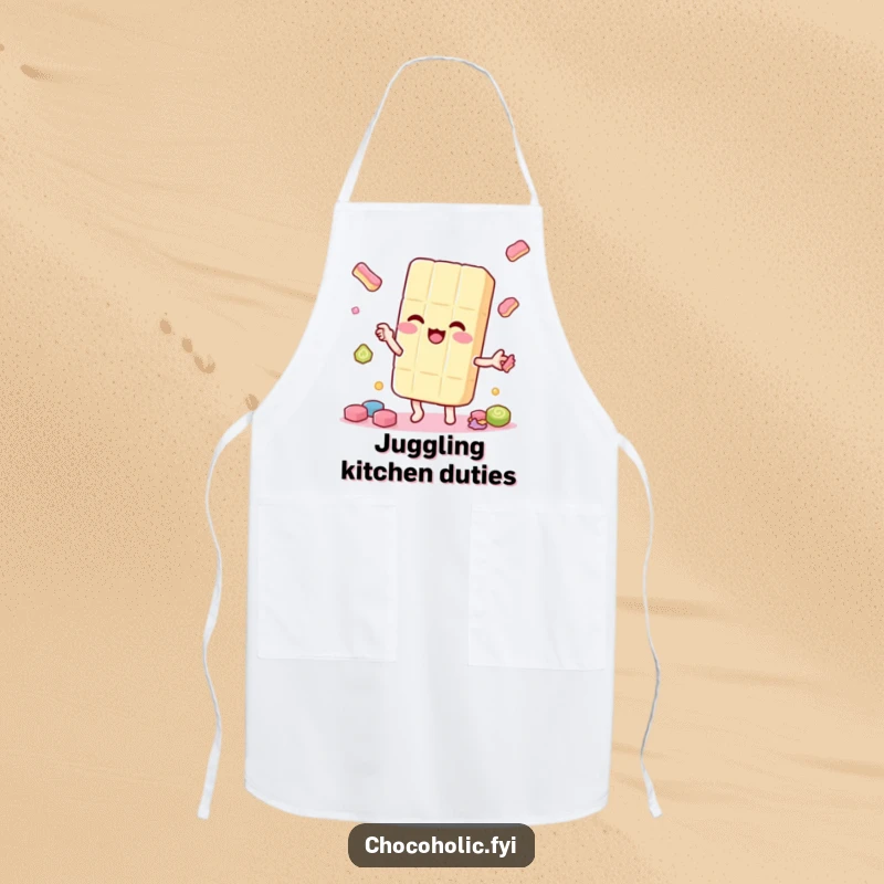 Funny kawaii candy bar character, juggling smaller candy pieces playfully, on a practical and humorous kitchen apron.