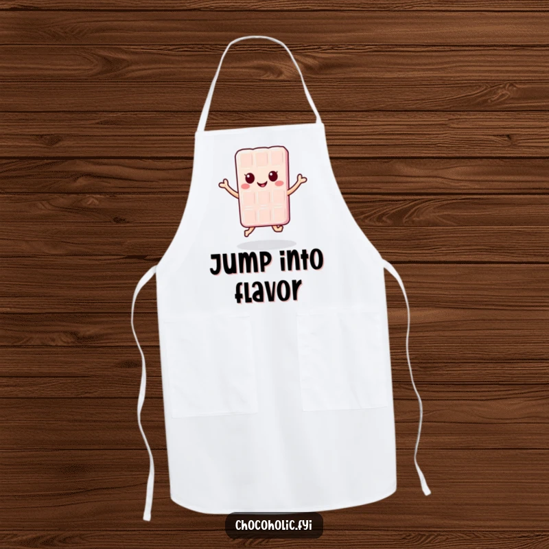 Funny kawaii chocolate bar character doing a happy jump on a kitchen apron, making cooking more fun and cheerful.