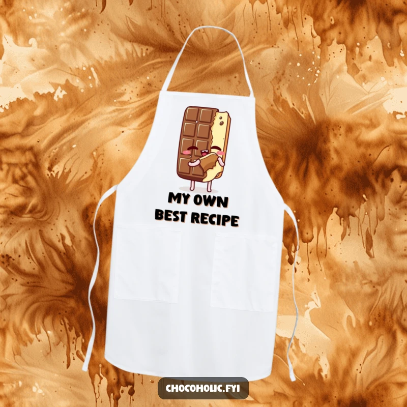 Funny Apron: Kawaii chocolate bar character savoring a bite of itself, eyes closed, a humorous and practical accessory for the kitchen, a great gift.
