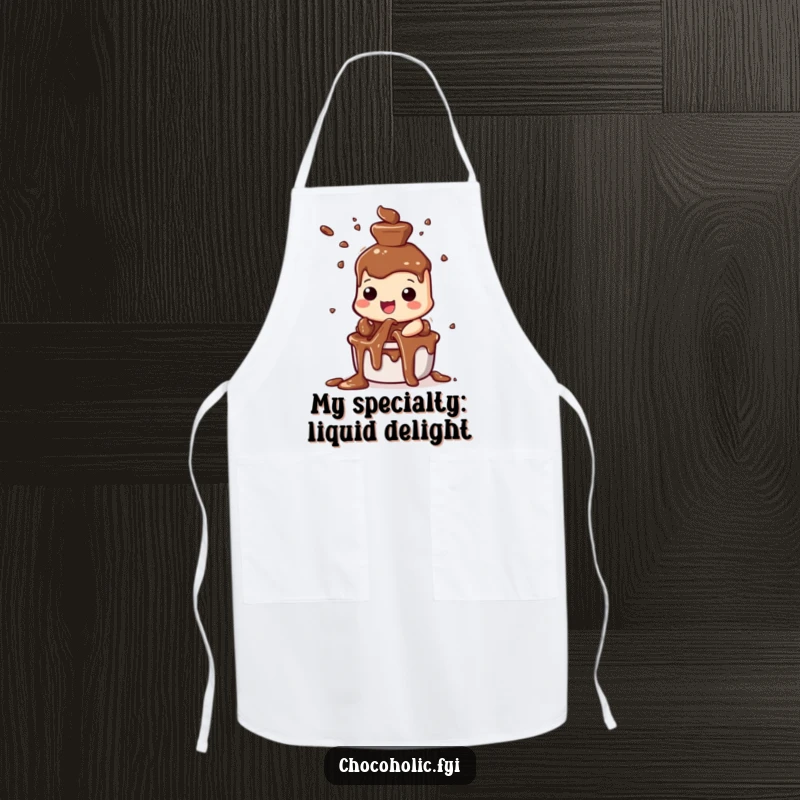 Funny chocolate fountain apron showing a character joyfully spraying chocolate streams, adding humor to kitchen duties.