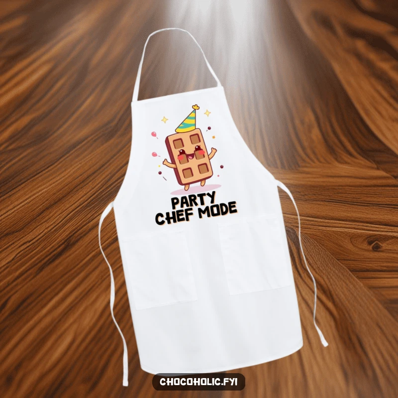 Funny chocolate bar character wearing a party hat, spinning around gleefully on a chef's apron, for festive cooking.