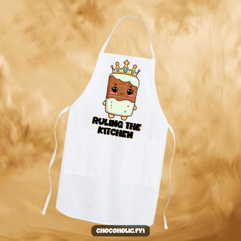 Funny apron adorned with a chocolate bar character wearing a crown, looking regal, ideal for a chef who rules.