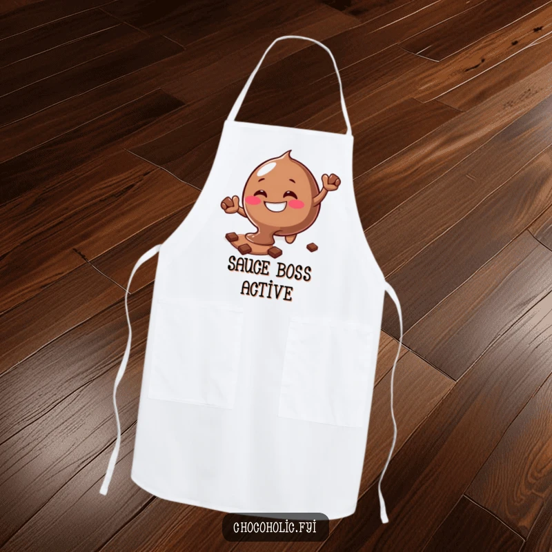 Funny melting chocolate blob apron with a silly grin reaching for more chocolate, perfect for bakers.