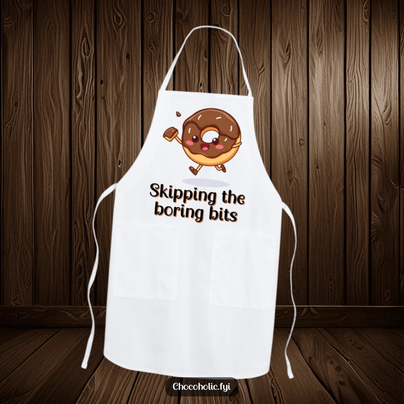 Funny Apron: A chocolate donut happily skips with a bite taken out, making kitchen tasks delightfully fun.