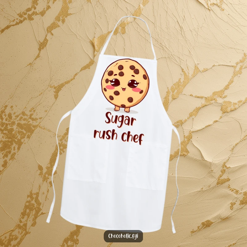 Funny apron with a chocolate chip cookie character, eyes crossed, in a sugar rush, ready for baking.