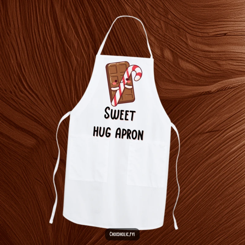A chocolate bar with tiny arms excitedly hugging a candy cane, on a practical apron for kitchen sweetness and humor.