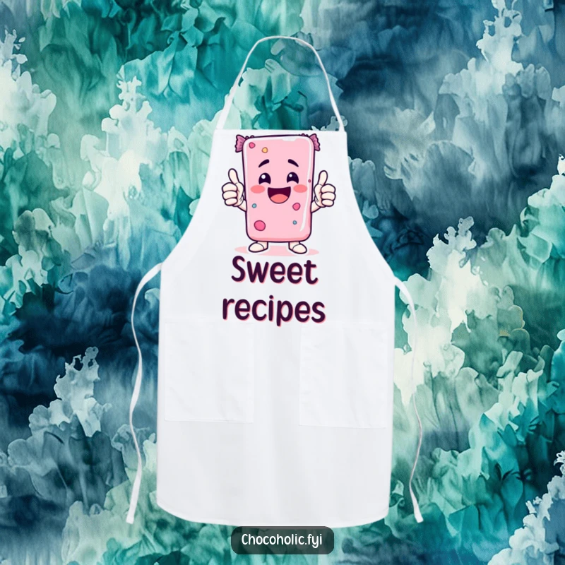 Funny Kawaii candy bar character giving two thumbs up, a humorous and practical kitchen apron.