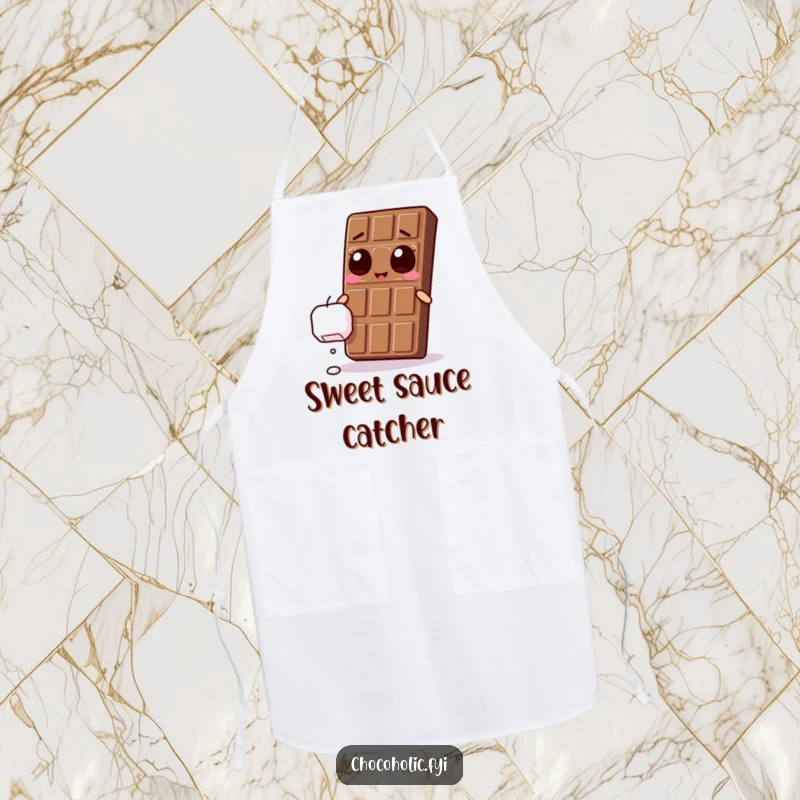 Funny Kawaii chocolate bar with ecstatic eyes, reaching for a falling marshmallow on a functional kitchen apron.