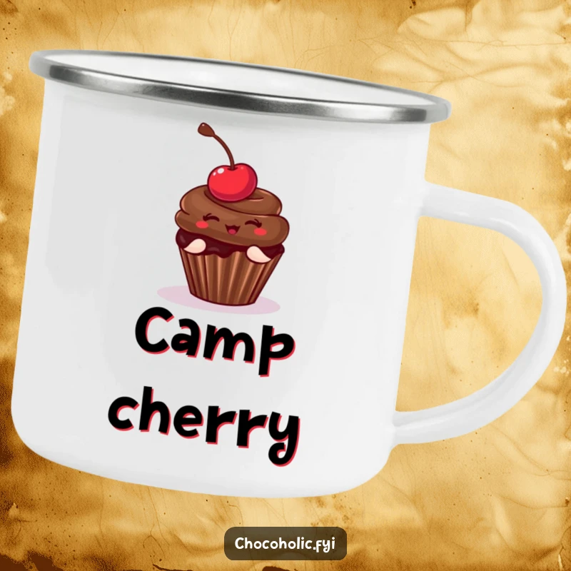 Funny Camping Mug featuring a cupcake with a cherry in a playful pose, bringing portable sweetness. Durable and amusing for outdoor enthusiasts.