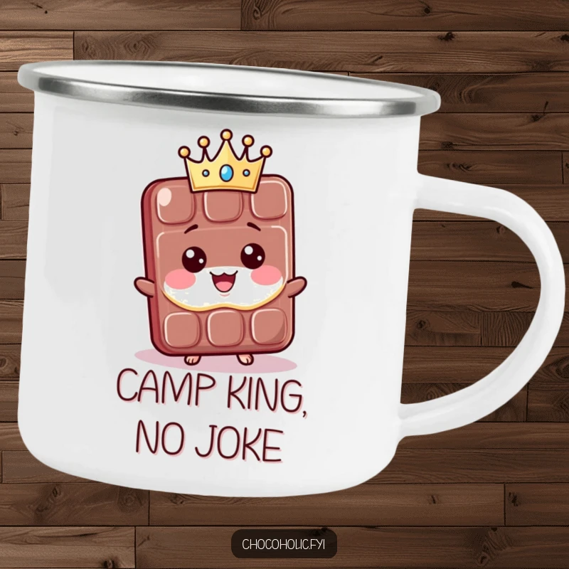 Funny Camping Mug: A proud kawaii chocolate bar character wears a tiny crown. Ideal for campers who love cute and funny outdoor gear.