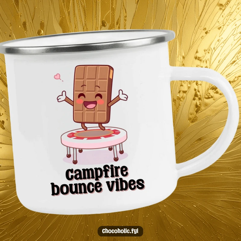 Funny camping mug depicting a chocolate bar character bouncing on a marshmallow trampoline, arms outstretched, adding fun to outdoor drinks.