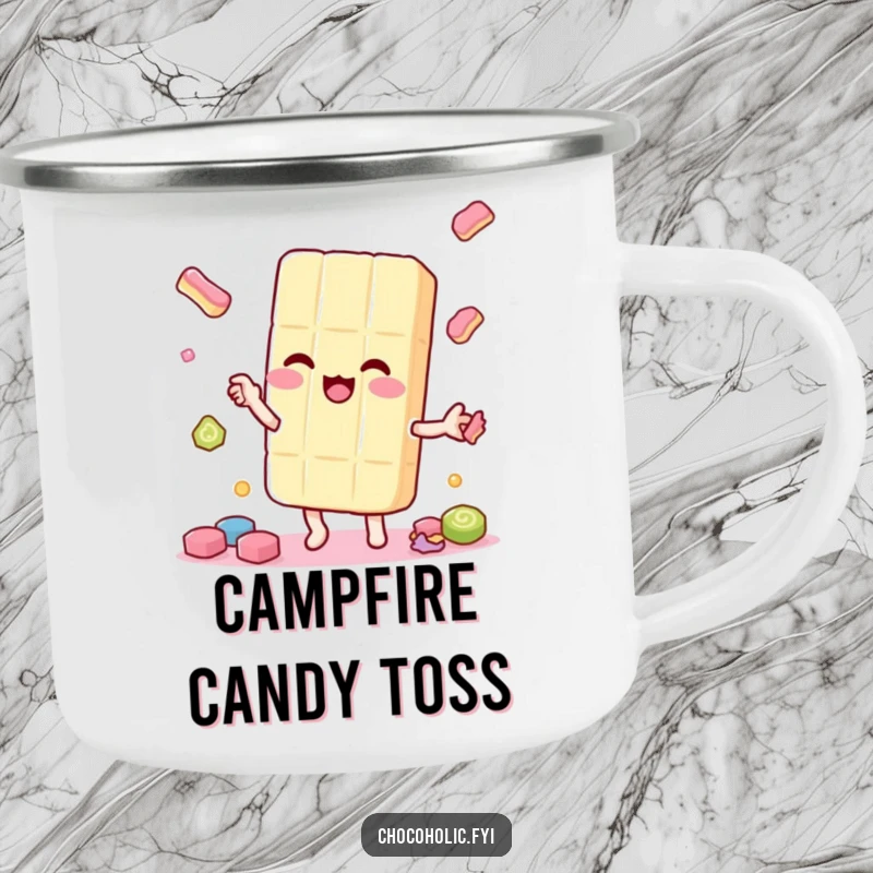 Funny kawaii candy bar character, juggling smaller candy pieces playfully, on a durable campfire mug, ideal for outdoor fun.