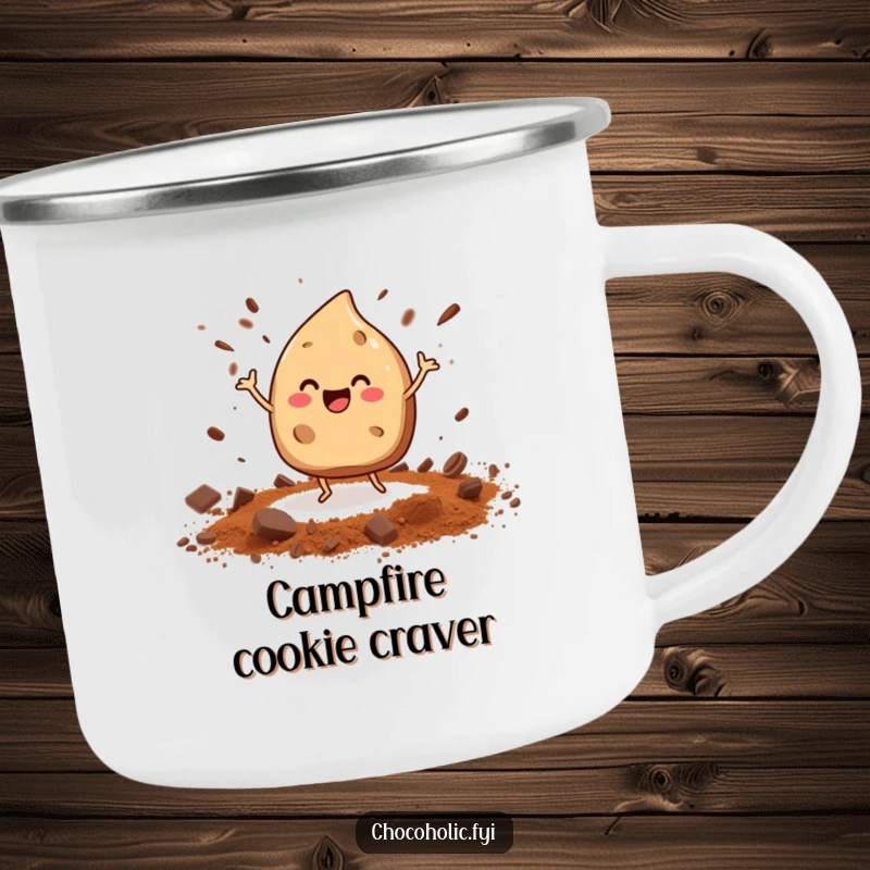 Funny dancing chocolate chip enamel camping mug with tiny legs, scattering cocoa powder, for outdoor enjoyment.
