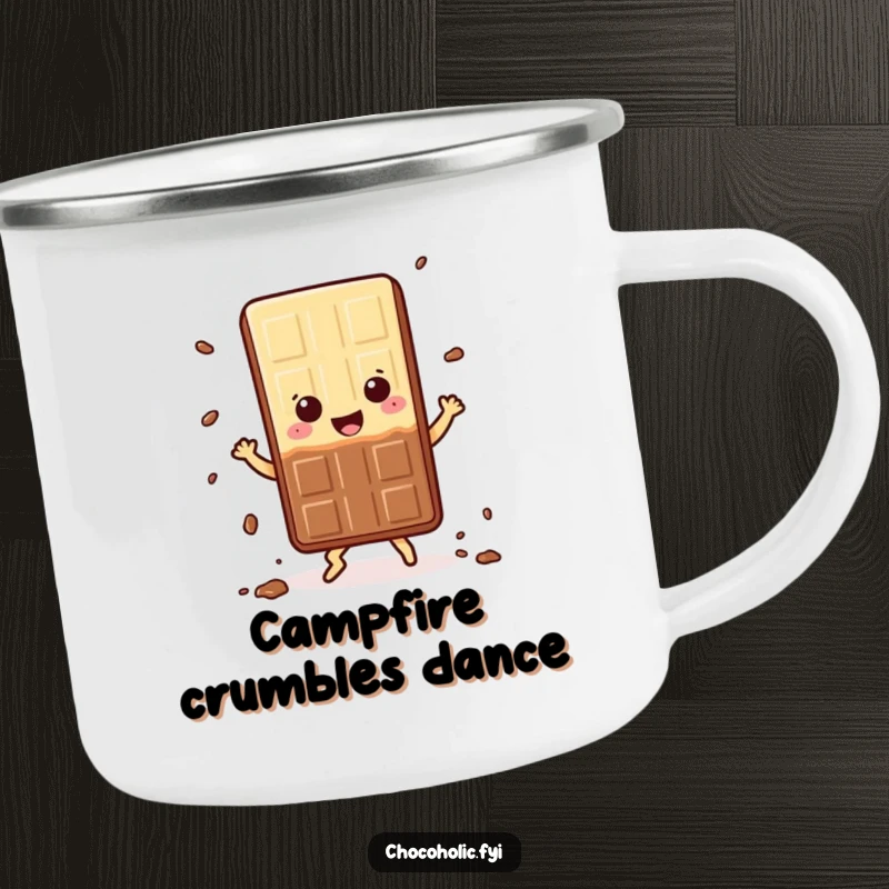 Funny Camping Mug: Kawaii chocolate bar character dancing happily, shedding crumbs, perfect for outdoor drinks, adding a sweet and humorous touch.