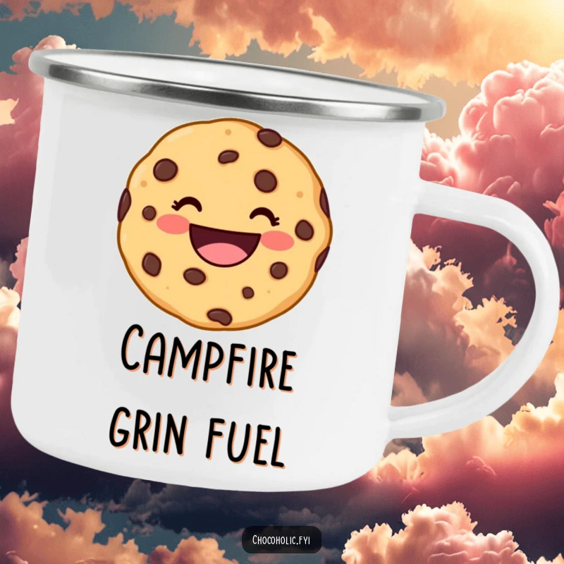 Funny kawaii chocolate chip cookie character with a wide, delighted grin on a camping mug, ready for outdoor fun.