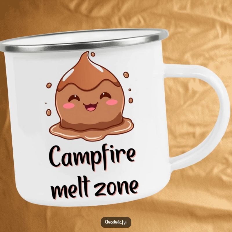 Funny camping mug with a goofy-grinning, melting chocolate puddle character, perfect for outdoor adventures.
