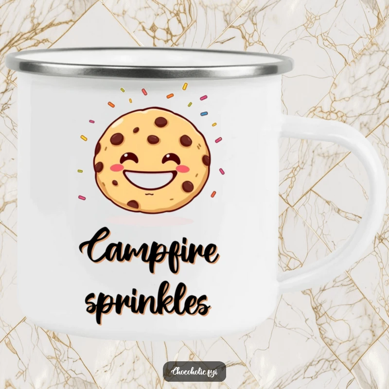 Funny Camping Mug featuring a grinning cookie juggling sprinkles, bringing portable joy. Durable and amusing for outdoor enthusiasts.