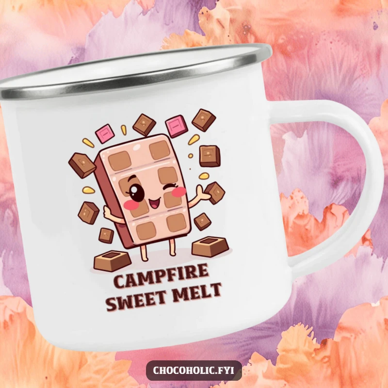 Funny Kawaii Chocolate Wink Camping Mug: A cute chocolate character winking and juggling melting squares, perfect for sweet drinks outdoors.